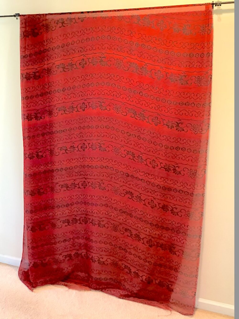 Vintage 1970s garnet & black sheer 100% polyester/acetate remnant: 58 " x 150"
